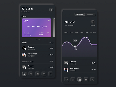 Neumorphic Finance Mobile App 3d app app design creditcard dark dark mode dashboad finance finance app minimal neumorphic neumorphism purple skeumorph app skeumorphism skeuomorph ui ux wallet