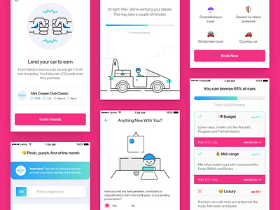 Lenny Carshare Insurance App app app design cards carshare carsharing emoji insurance insurance app ios ios app lineart mobile mobile app mobile ui notification pink product designs toast ui ux