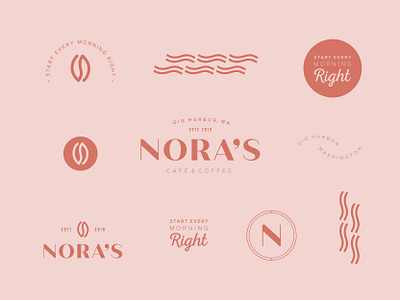 Nora's Café & Coffee - Logo Marks brand identity branding coffee logo coffee shop logo coffeehouse branding design icon logo logo design logo marks sub marks tagline design typography