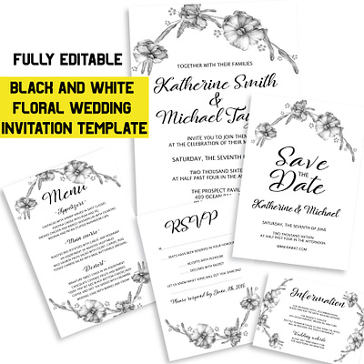 Black and White Floral Wedding Invitation template 01 decor decoration decorative decorative elements elements floral flower invitation watercolor watercolor floral wedding wedding design wedding invitation wedding template