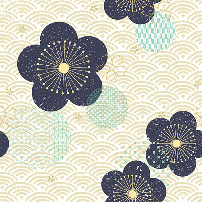 Japanese flower pattern vector. Blue floral icon and wave patter abstract asian background banner cherryblossom chinese circle element flower geometric icon illustration japanese modern pattern sakura seamless vector wave