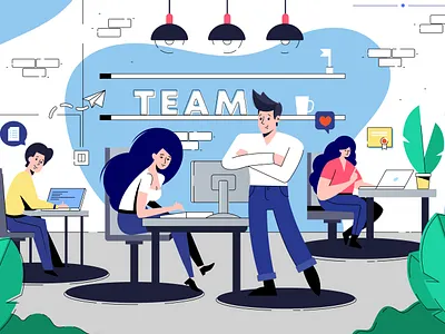 Office team boy character computer design flat girl illustration man office outline outlines people team vector web