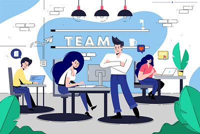 Office team boy character computer design flat girl illustration man office outline outlines people team vector web