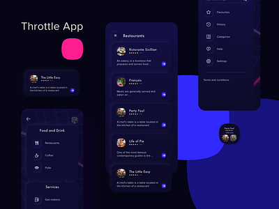 Throttle list of POI app black blue color dark mode explore info cards list menu neumorphic pink restaurant sketch travel ui ui kit