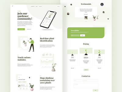 Plant Care App Landing Page app cards chart clean design gardening graph green health illustration landing navigation newsletter phone plant pricing rating testimonials ui ux