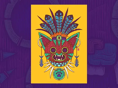 The Cat Mask african art cat cat mask colorful illustration hatching illustration ink ink drawing inking mask mayan tribal tribal mask vudee