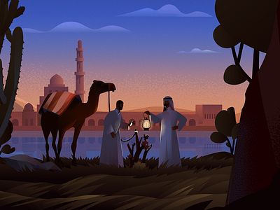 illustration for mobile app blue camel character illustration light man sky