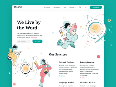 Tarjama Content Creation Services Website animation astronaut blue green illustaration interface light motion productdesign ui uiux ux web webinterface website