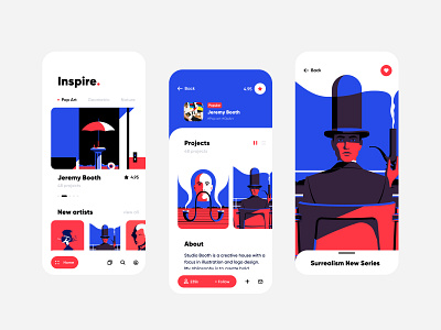 Art Inspiration app blue clean clean ui figma freebie illustration interface ios iphone mobile portfolio red social ui ux white