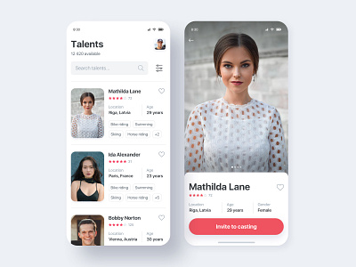 Talents Casting App accounts app casting clean interface ios ios app list minimal mobile mobile app profile rating search slider tags talent ui ux