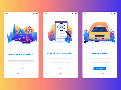 Taxi Booking _iOS Walkthrough Screen adobexd app auto bike car choose colour design destination details digital art fare illustration location pen tool photoshop ride trip ui vector