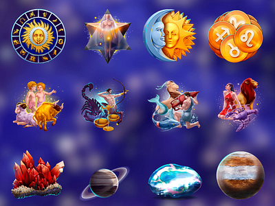 Zodiac symbols animation 2d animation aries capricorn coins digital art fortune game art gemini golden inspiration libra lion moon pisces planet slot slot machine sun taurus zodiac