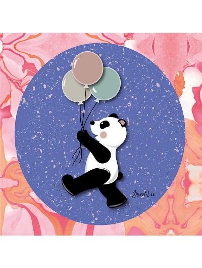 PANDA CHARACTER WITH BALLOONS artprint balloons celebration childrens illustration cute animal greeting card greetingcard illustration illustrator panda screenprint surface design textile design