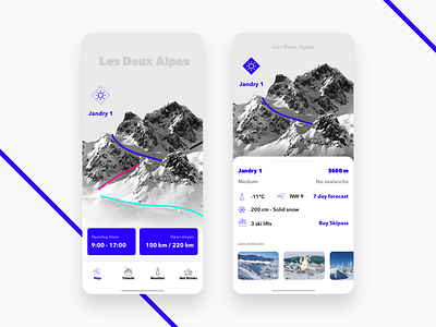 Ski resort information app alpes app black blue brutalist clean cold les deux alpes mobile app mountain powder ski ski mountain ski resort snow ui ux wheather white winter