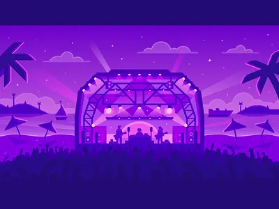 Audius - Beach Concert beach boat concert crowd neon palm tree purple sailboat stage synthwave