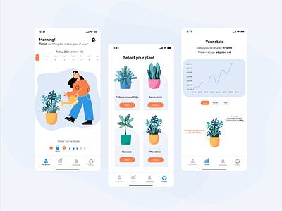 Water Tracker App UX\UI Design app design flat design flat illustration mobile app design mobile application plants tracker tracker app ui ux web design