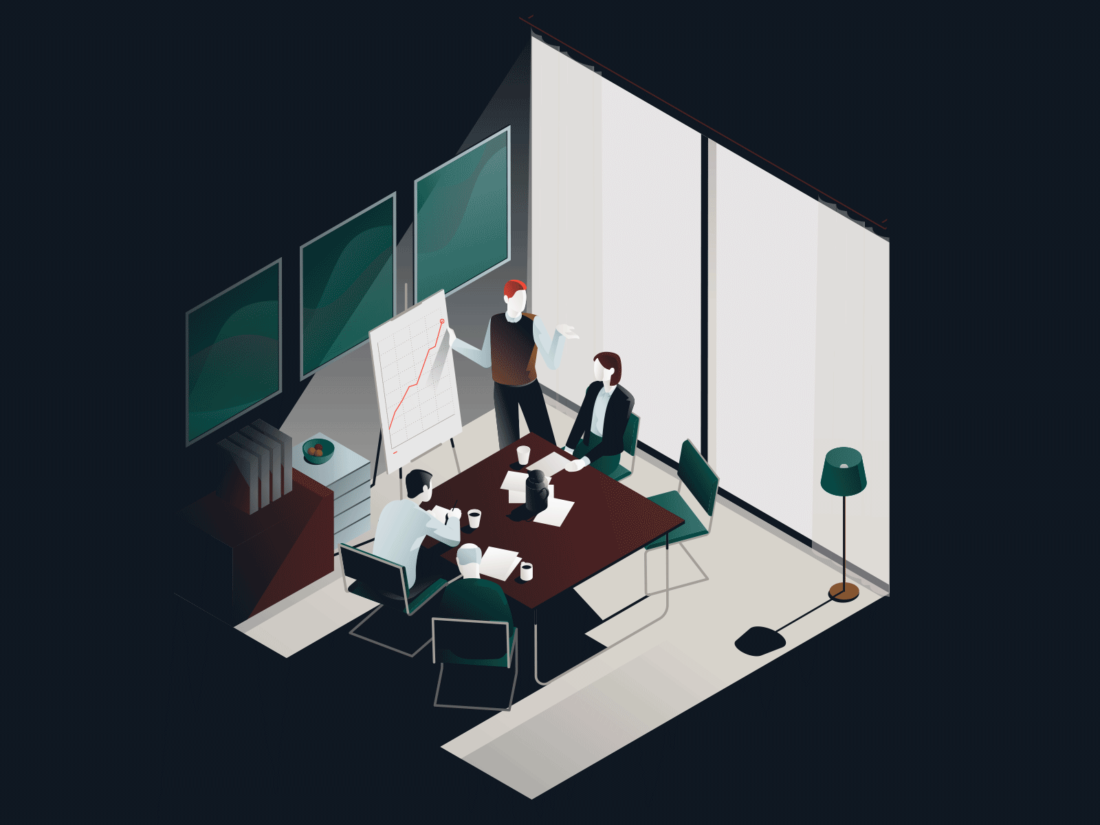 Ellix Isometric Office Illustration vol3 business dark diagram hexagon isometric isometry meeting office presentation screen window work workers