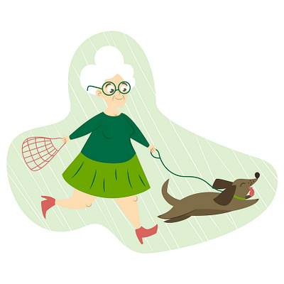 Cheerful smiling grandma walking with cute funny dog animal character design dog flat funny grandma grandmother granny green happy illustration old people pet smile sticker vector walking woman