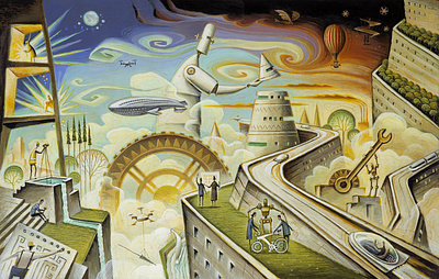 The Future of Work - i2i Art inc. - ©Tim Zeltner colorful conceptual editorial folk folk art folk painting future futuristic handpainted i2i art illustration illustrator painterly tim zeltner