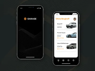 Garage App – Launch & Home app automobile automotive car dark ui garage minimal mobile orange porsche rivian rounded volvo
