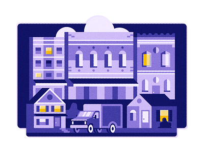 Night Owls buildings design house illustration neighborhood night noise town truck vector