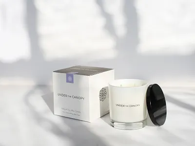 Under the Canopy Candle Packaging box brand design brand identity branding candle design graphic design jar logo logo design logotype packaging packaging design photography product product photography tab