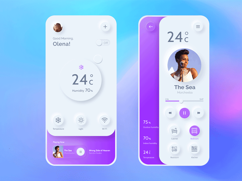 Neumorphism App Concept animation app gradient interaction design light minimal mobile music player neumorphic neumorphism shadow smart home ui ui design