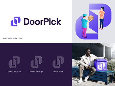DoorPick 👉🏻 d+p🚪 abstract branding d delivery design door dp food gradient identity illustration logo mark minimal p purple spgmarks symbol ui