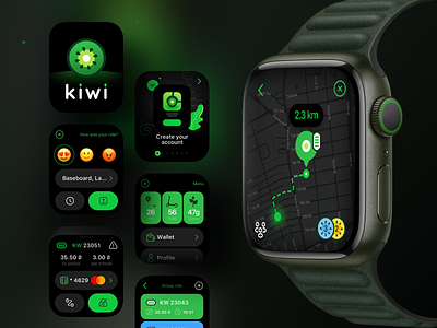 Kiwi Scooter Rental - WatchOS app apple watch design map renting route scooter scooter rent app sketch smart watch transport ui ux watch watchos
