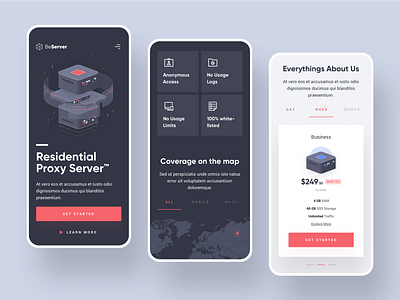 BeServer - Mobile Responsive black card dark database design gradient homepage illustration internet isometric landing page mobile proxy responsive server simple ui user interfaces ux website