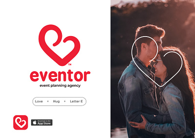 Eventor identity app art direction branding event app heart hug icon illustrator letter logo love lovely minimal red ui ux valentine warm web