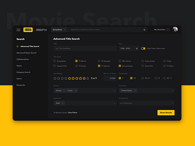 Daily UI 022 - Movie Search advance filters advanced search amazon application daily ui dailyui dark theme dashboard film filter imdb movie movie app neflix search search bar search engine searching ux uxui