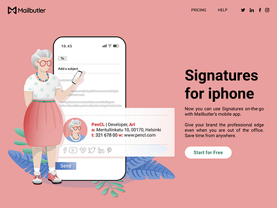 Landing page email granny illustration landing page mobile older lady plants product design signature ux vector