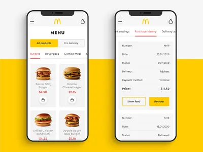 McDonald's Redesign (Menu and Purchase History) adaptive app clean concept design ecommerce food mcdonalds menu minimal mobile modern redesign responsive restaurant shop ui ux web design website