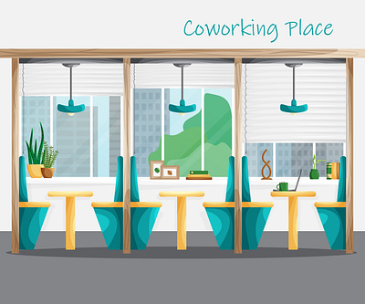 Coworking flat interior design with workplaces and city view background business cartoon co working coworking design flat flat design furniture illustration interior meeting room modern room workspace workspaces