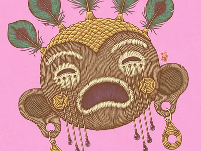The Crying Mask (close-up) african art colorful illustration crying drama emotions feathers hatching illustration ink drawing inking mask mayan pink tribal tribal mask vudee