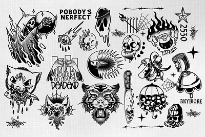 tattoo flash pobody's nerfect flash flat icon illustration procreate skull tattoo tattoo design tshirt tshirtdesign typography