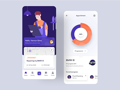 Doctor Auto - Mobile App Exploration app appointment automotive booking chart clean dailyui dribbble flatui icon iphonex progress schedule task ui uiux ux