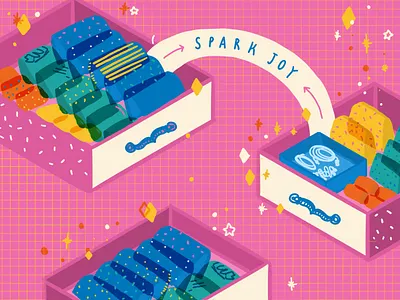 Marie Kondo Editorla Illustration by Soofiya 80s 80s style 90s clean design diversity editorial hand drawn illustration layout tidying