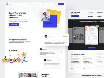 CvBuild - Resume Builder | Landing Page Design | CRO blue theme cards clean cv cv template features page hero section landing page landing page design landingpage lead converion resume builder ronak chhatwal testimonials ui ux web design website website design white space