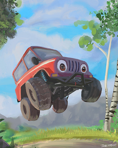 Catch me! car cartoon character cute illustration jump picturebook race