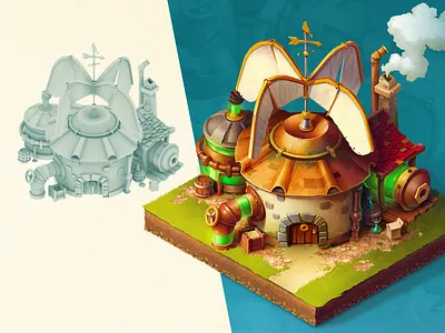 Isometric house 3d art building concept game house illustration isometric steampunk
