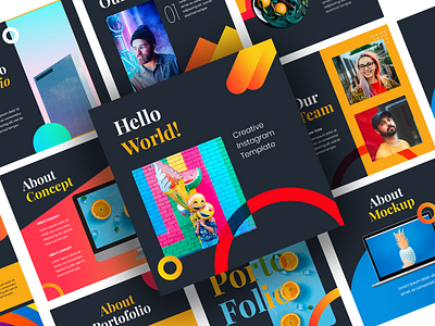 Hello World Instagram Feed branding concept creative design dark design graphic illustrator instagram instagram post instagram stories instagram template mockup orange our team portofolio template ui