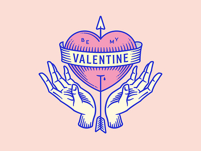 Be my Valentine arrow banner design hands handset heart hearts illustration lineart linocut logo love pink tattoo thicklines valentine vector