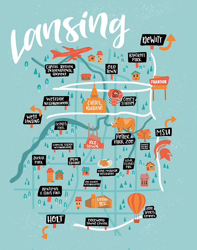 Illustrated Map - Lansing Michigan crop houses icons lansing maps michigan neighborhood zoo