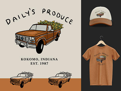 Daily's Produce Logo redesign branding corn country farmer farming hat identity illustration logo merch design midwest nostalgic old truck pickup rustic t shirt truck vintage