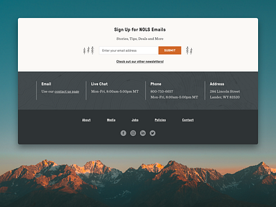 NOLS Footer adventure education explore footer mountains nature navigation nonprofit outdoors responsive ui web website