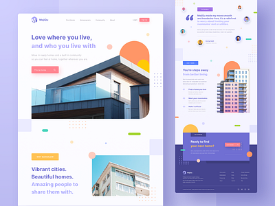 MejiQu - Find Place to Stay Landing Page buildings buisness clean colorful design gradient home homepage homestay icon landing page layout design photography purple ui ui design user interface ux web website