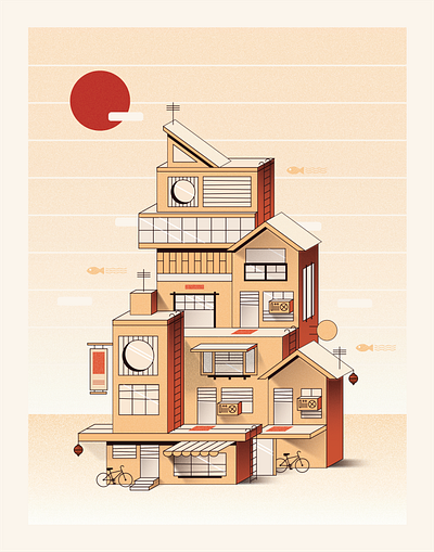 Japanese Microworld – Crop 1 banner bike design illusion illustrator isometric japan japanese lantern monochromatic orange print relaxing screenprint shadow store storefront texture