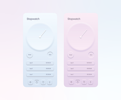 Stopwatch alarm blue clean clock concept design figma iphone minimal mobile design neumorphism purple soft ui stopwatch timer ui design ui trends